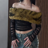 Black Ruched Off Shoulder Fur Trim Top